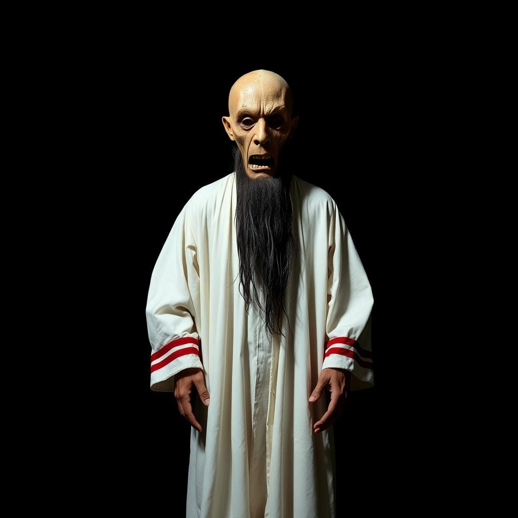 Theatrical Horror Figure in Crimson Robe with Grotesque Wood...