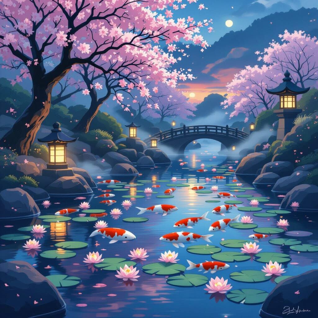 Tranquil Koi Pond at Twilight in Ghibli Style