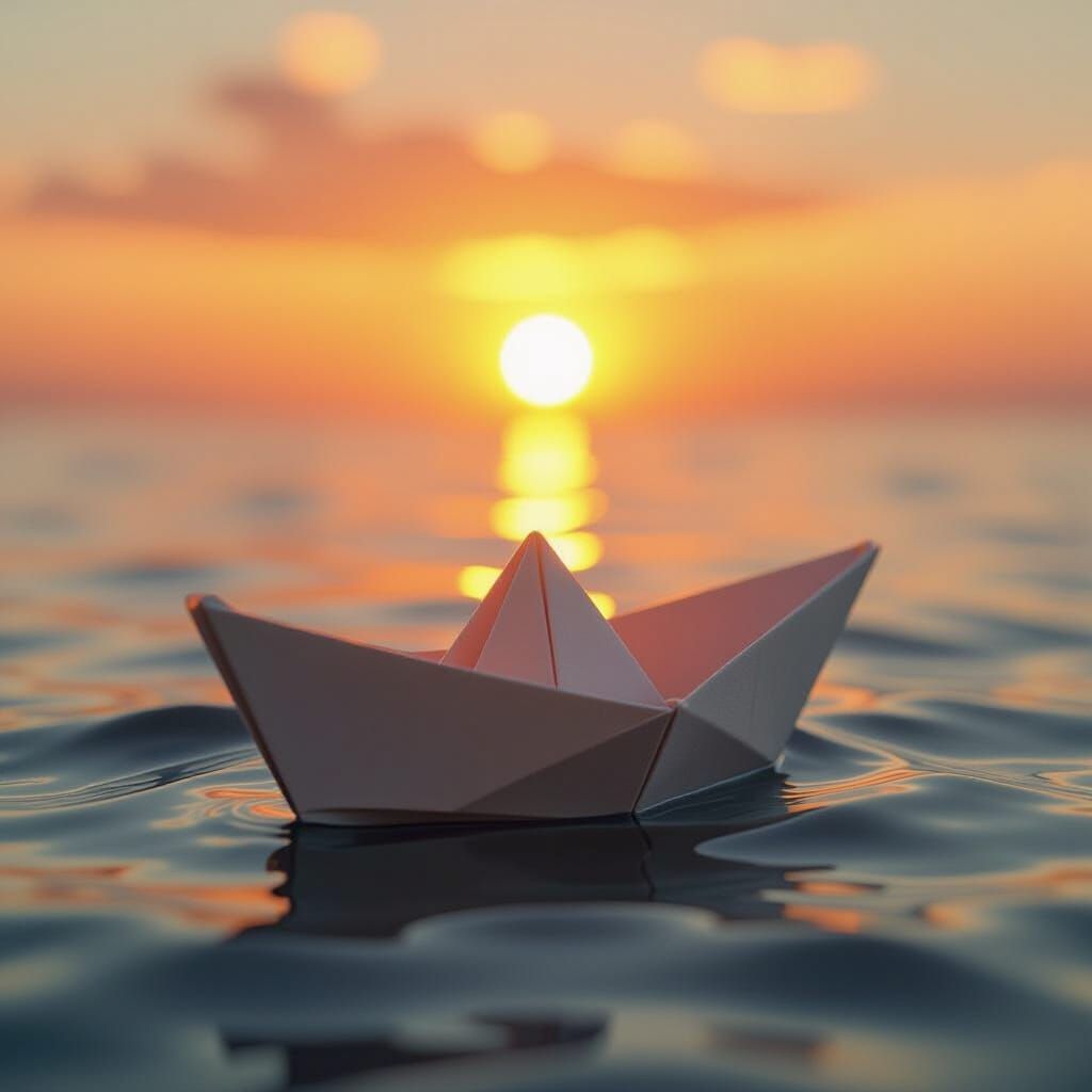 Origami Boat at Sunset, Miyazaki-Inspired