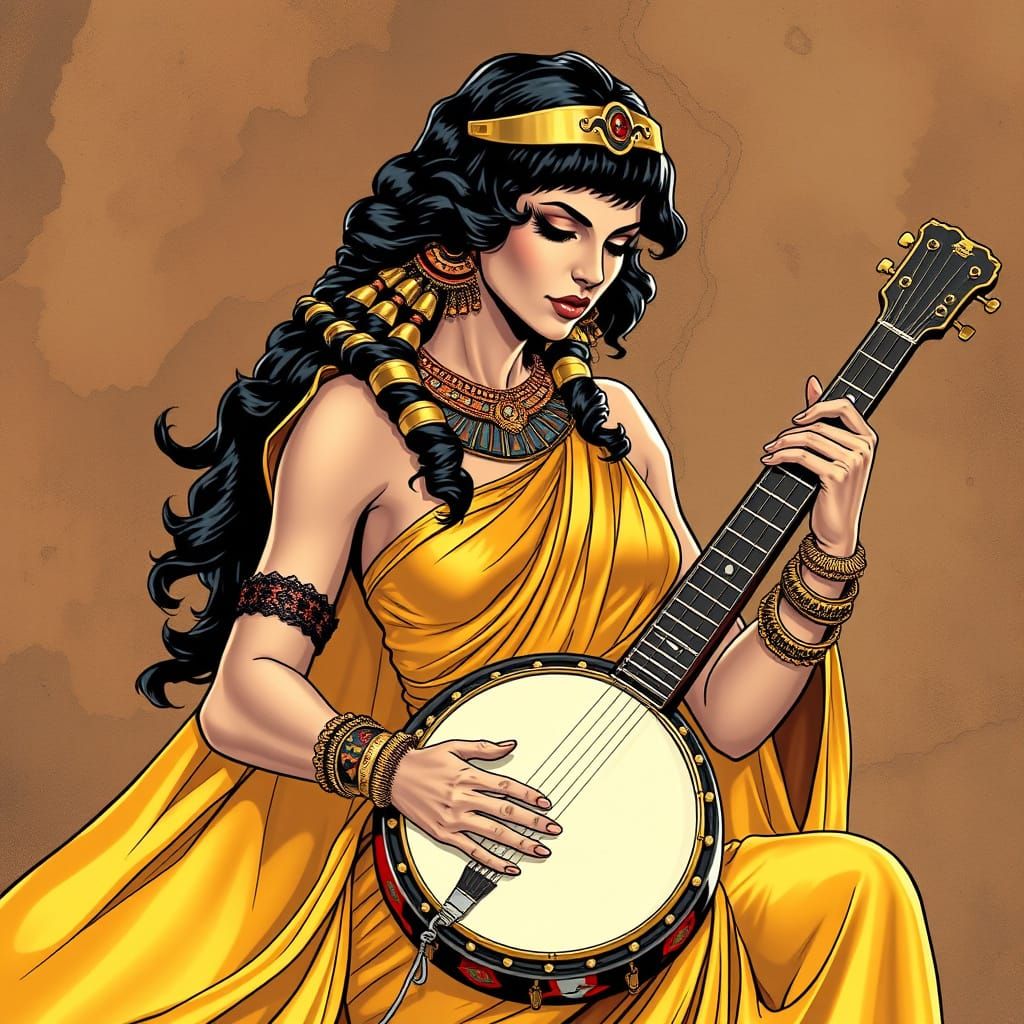 Comicbook Queen Cleopatra Plays Banjo in Golden Silk