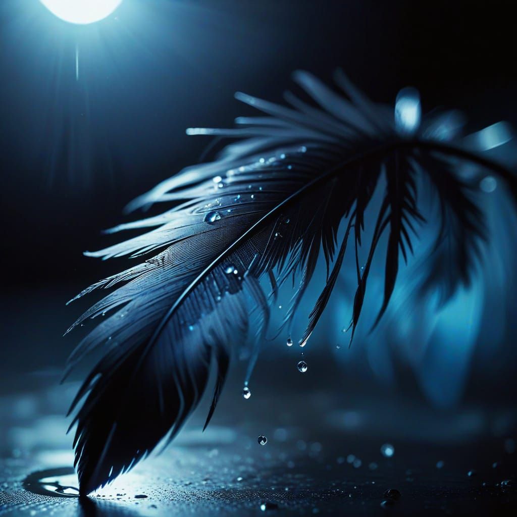 Dramatic Close-Up of Black Feather with Water