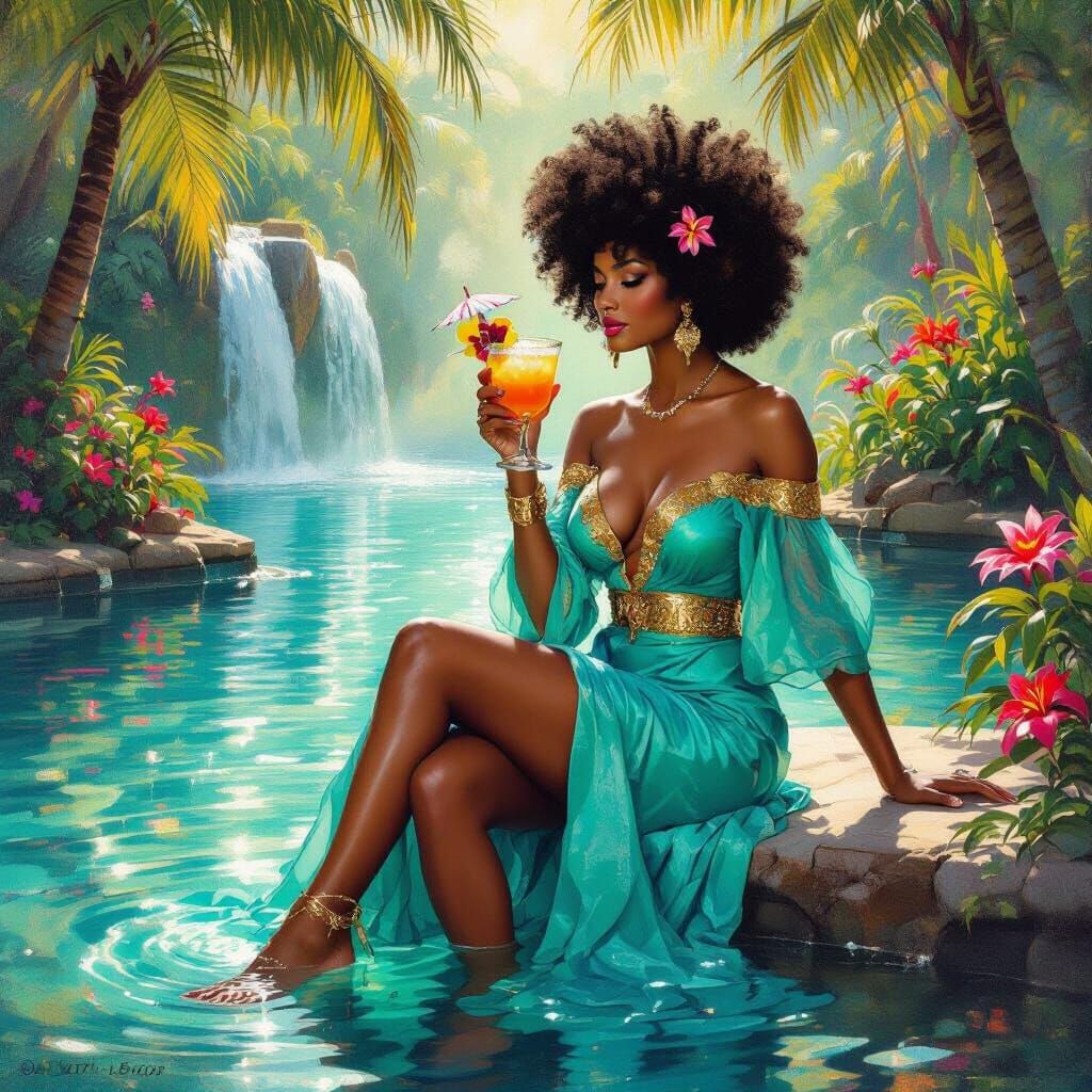 African American Woman in Turquoise Dress by Sun-Dappled Pon...