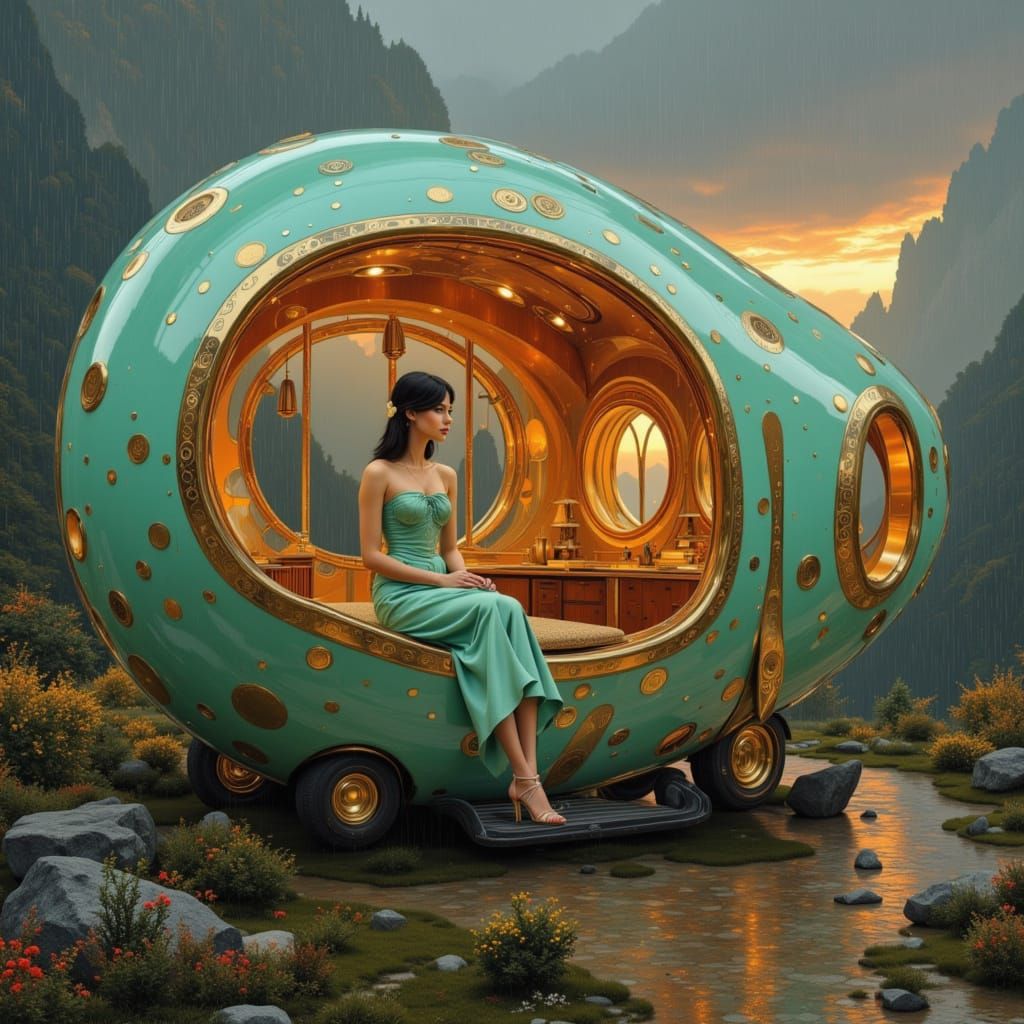 Woman in Egg House Watches Black Rain at Sunset