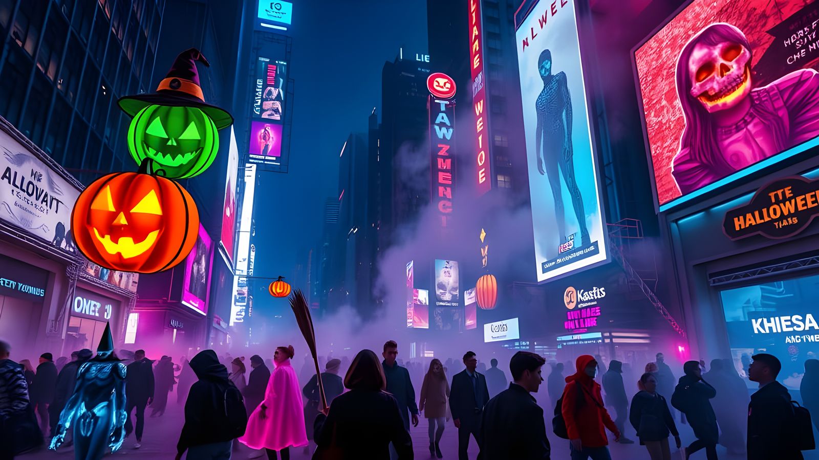 Futuristic Cyberpunk Halloween Street Scene at Night