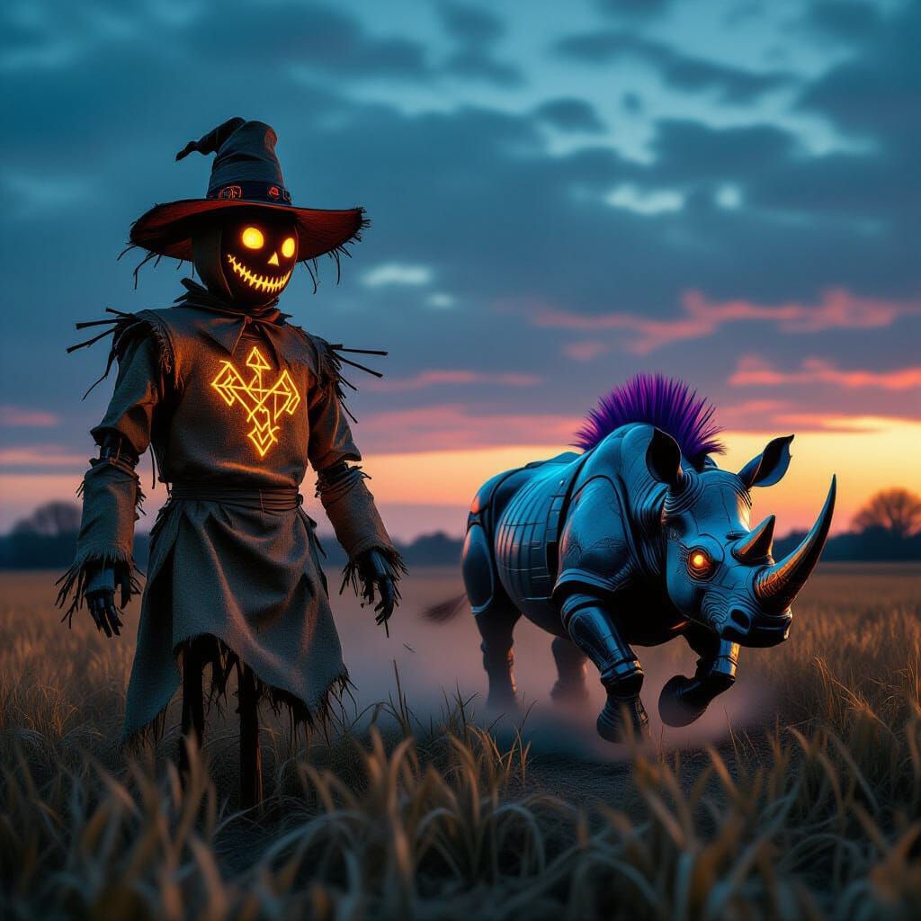 Scarecrow in Dusty Field with Cybernetic Rhino, Dark Steampu...