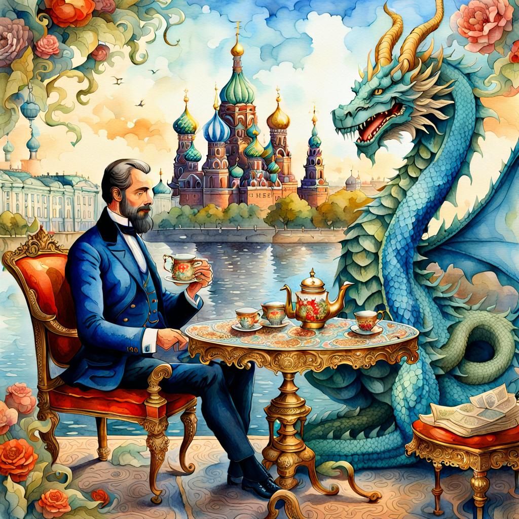 Czar and Dragon Tea Party: Vintage Watercolor Art
