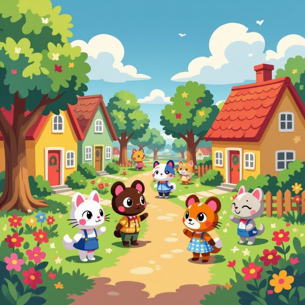 Vibrant Animal Crossing Village in Gouache Style