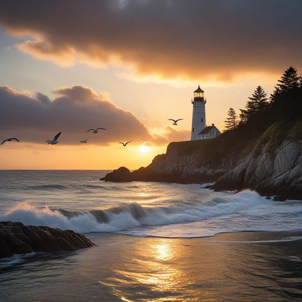 Lighthouse at Twilight: A Serene Oil Painting