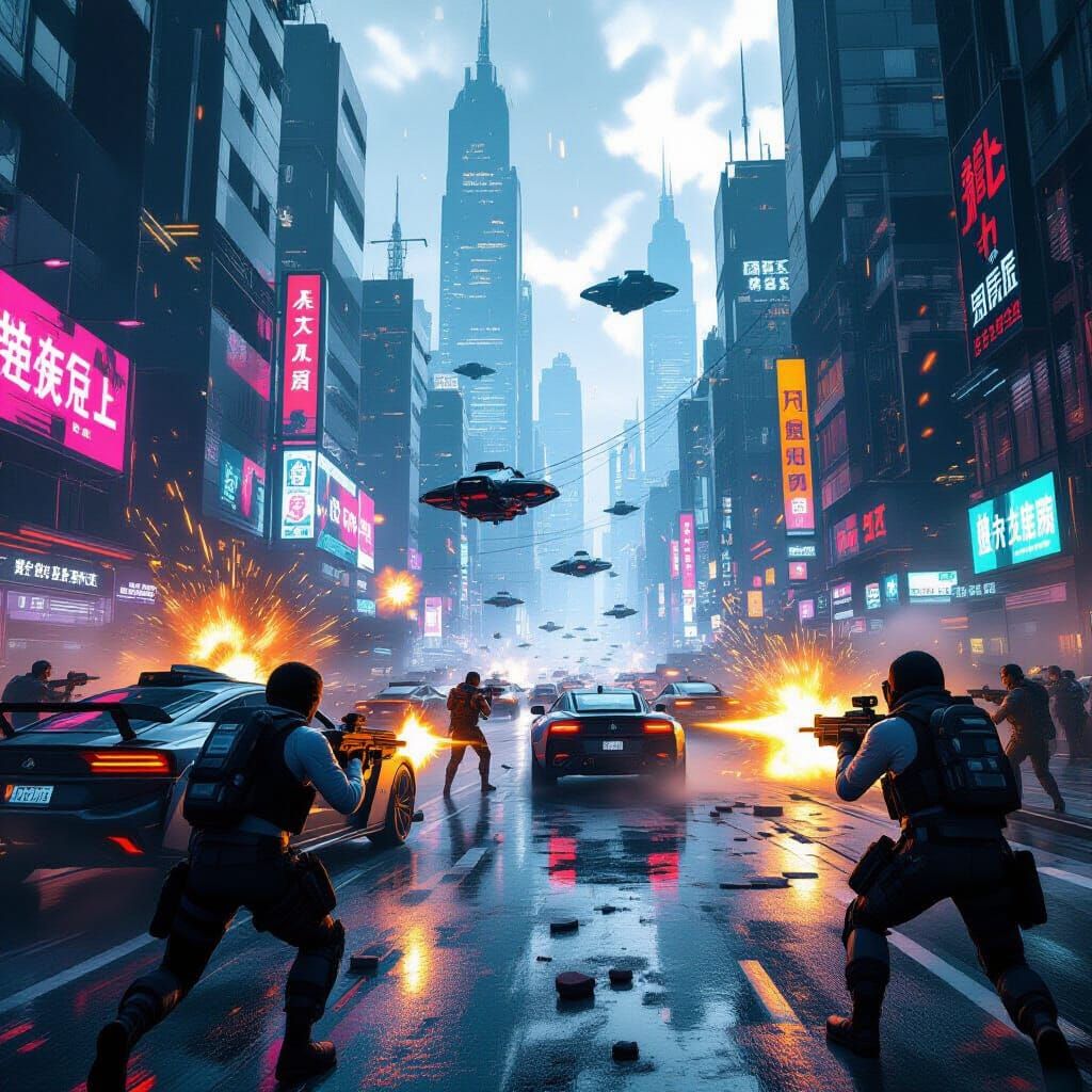 Cyberpunk Rebels Fight in Explosive Cityscape