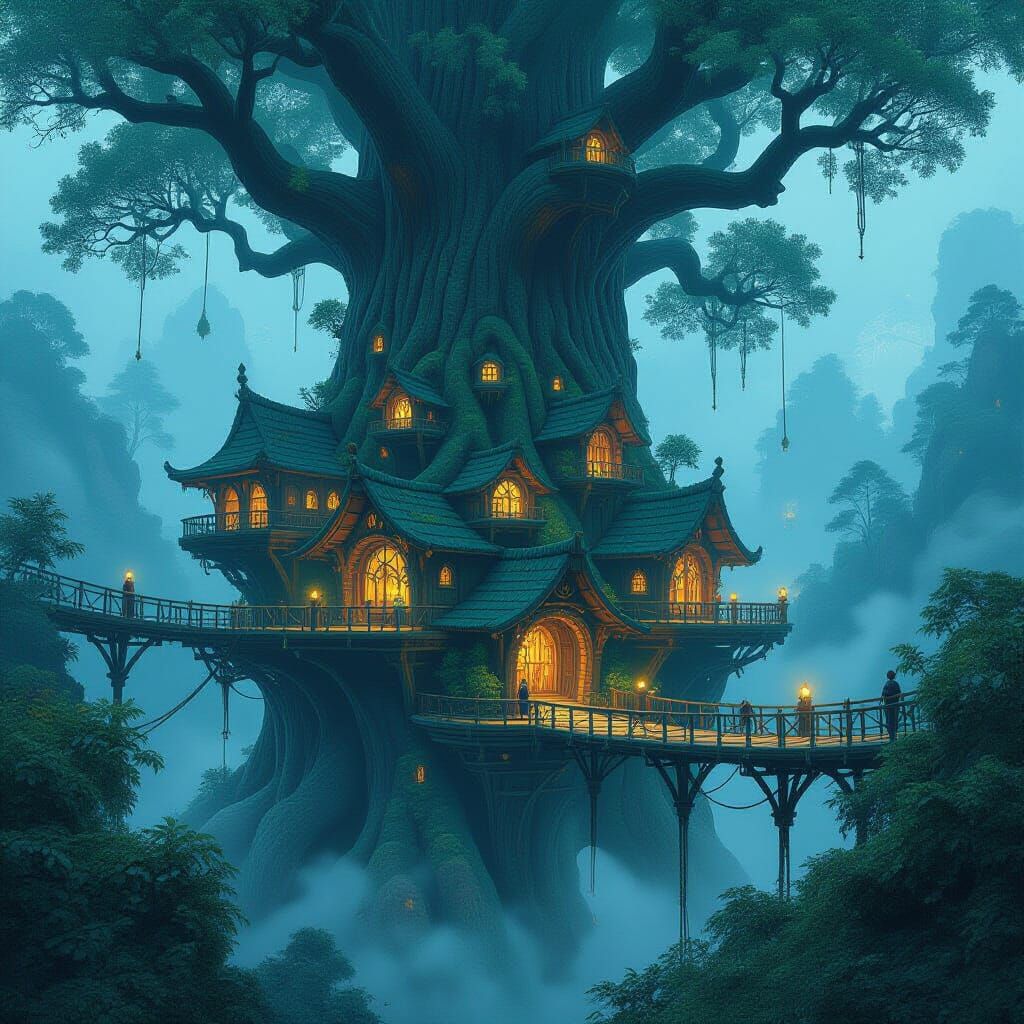 Ancient Treehouse City in Giant Redwood, Dark Fantasy Concep...