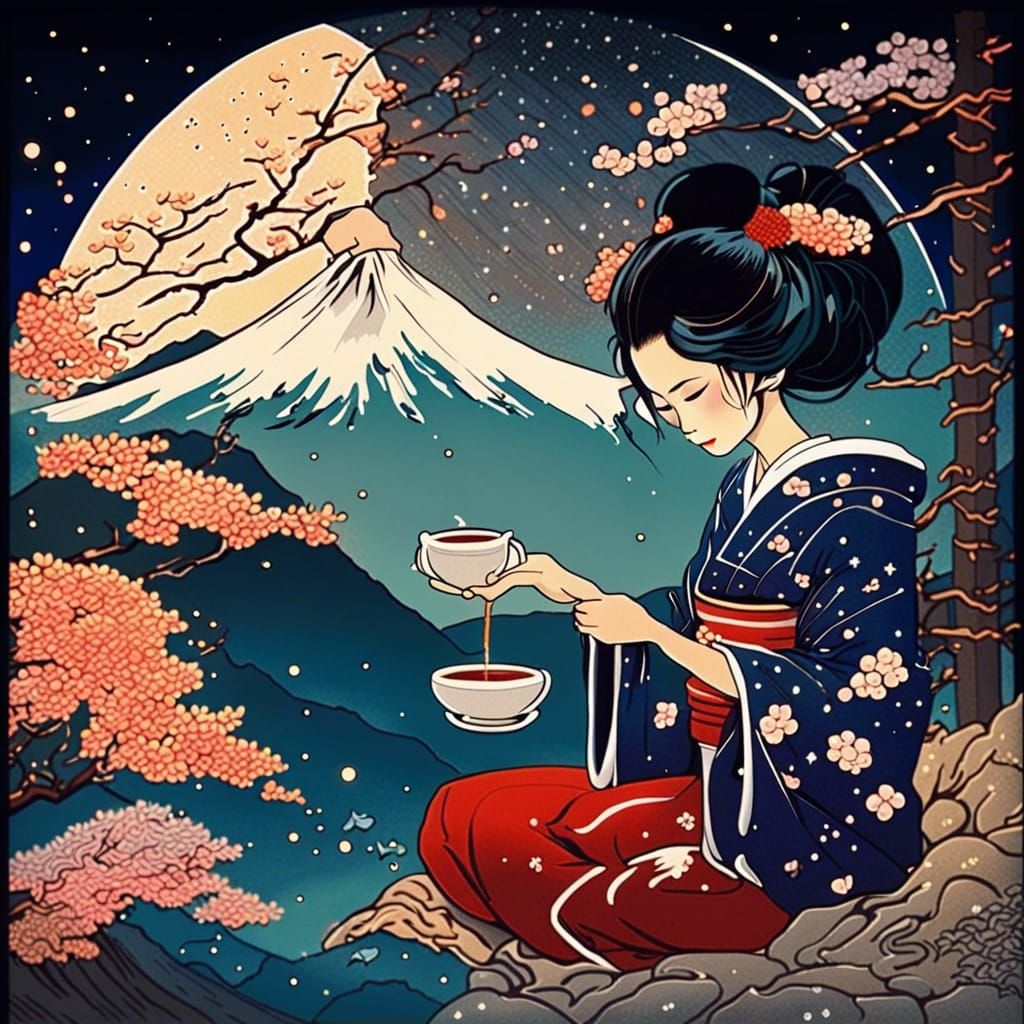 Japanese Tea Ceremony with Geisha and Mt Fuji