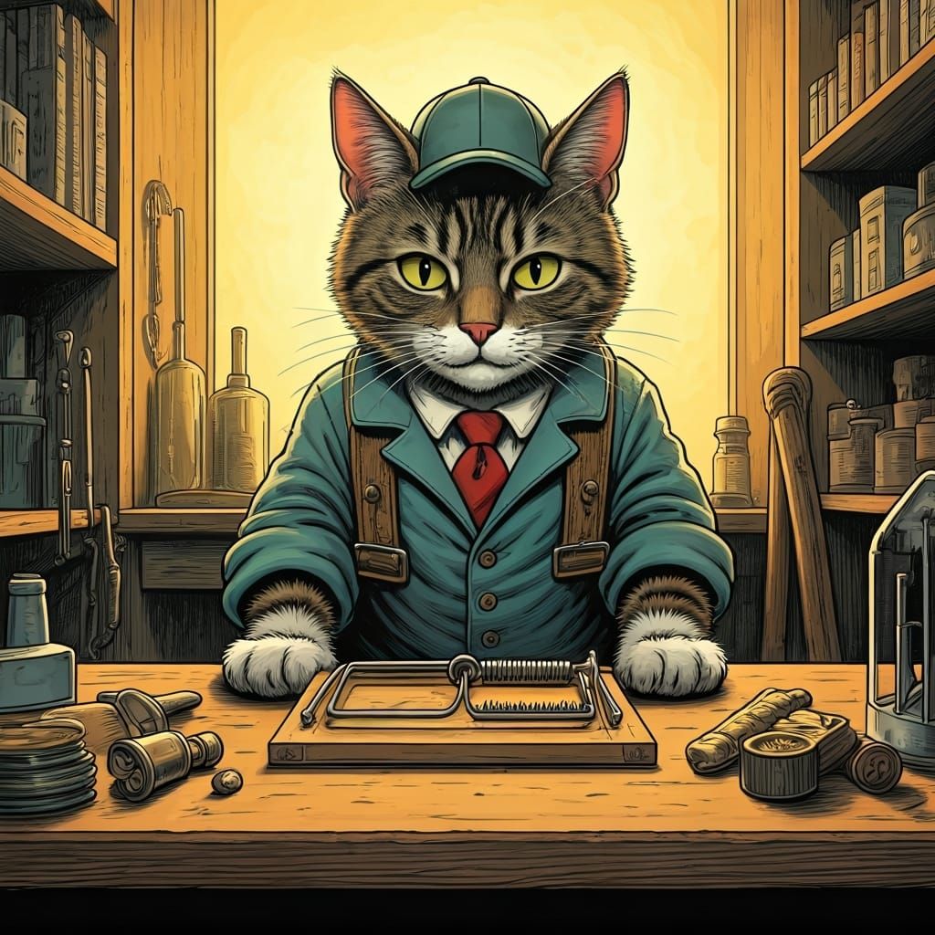 Cat Mechanic Building Mousetrap in Tenniel Style