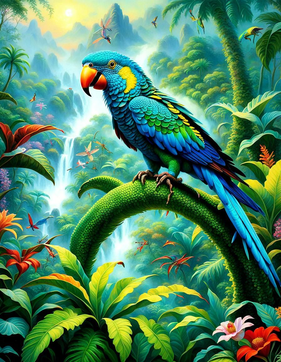 Ethereal Fantasy: Parrot, Iguana, Snake, and Insects