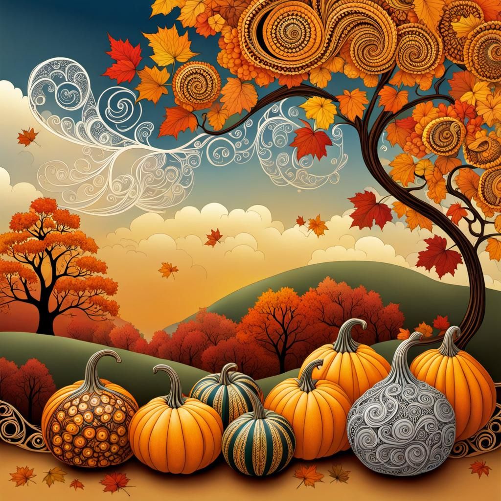 Autumn Gourds with Zentangle Fractal Clouds