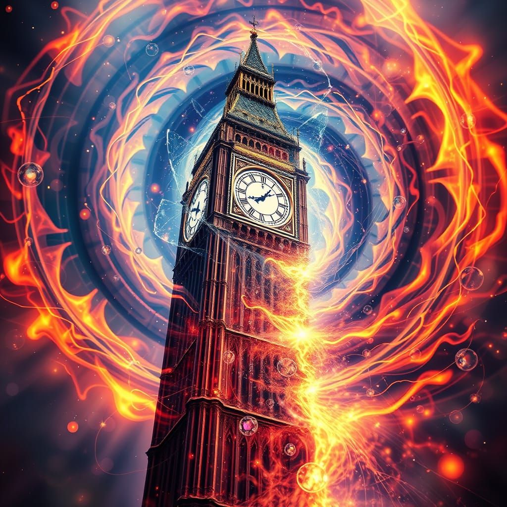 Clock Tower Melts into Cosmic Energy: A Surrealist Vision