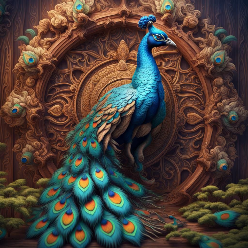 Detailed Wooden Peacock Puzzle in Deep Color
