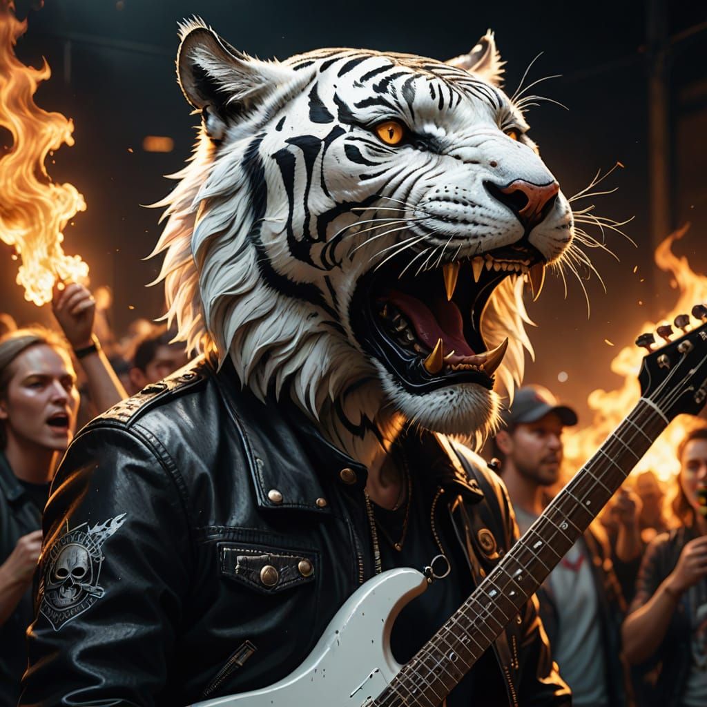 Epic White Tiger Shreds in Cyberpunk Concert