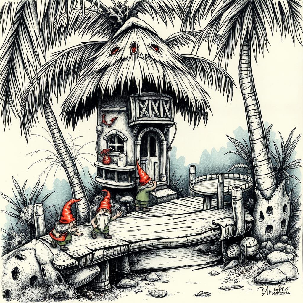 Gnomes Tend Palm Tree House in Realismo Style