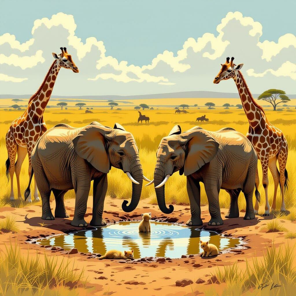 Elephants, Giraffes, and a Cat in the Serengeti