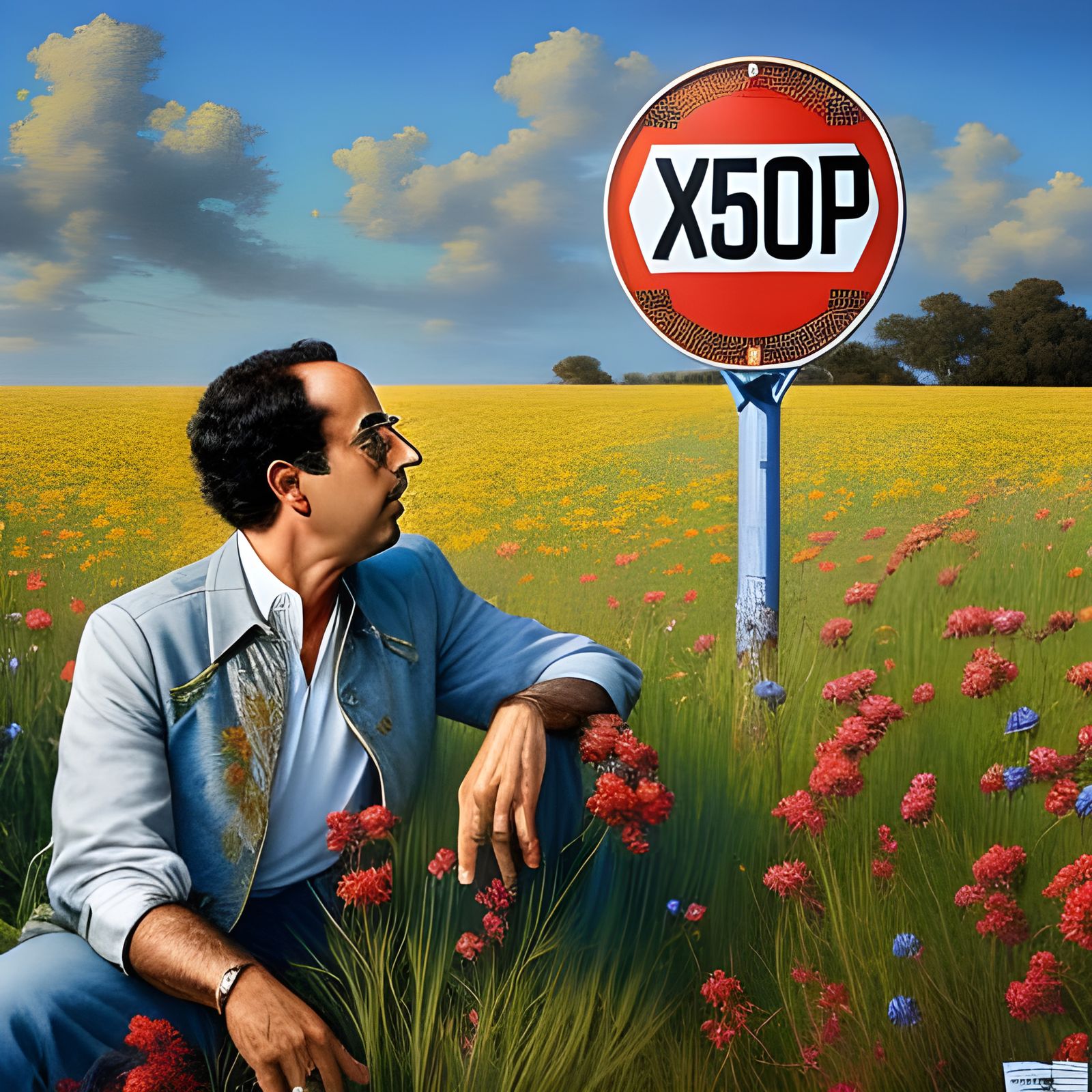 Jerry Seinfeld in Field: Rococo Hyperdetailed Close-up