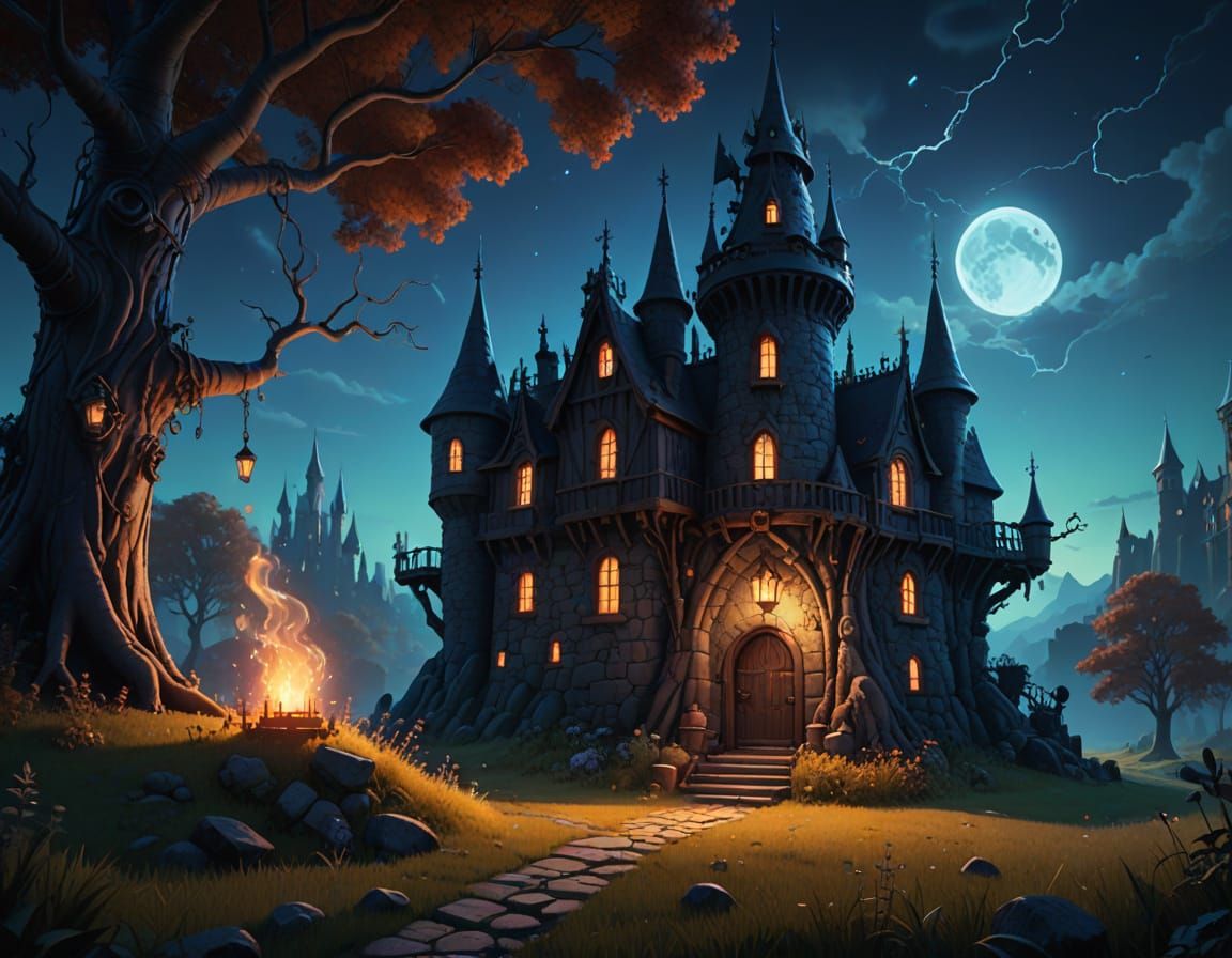 Surreal Witch's Manor at Dusk in a Gothic Cyberpunk Style