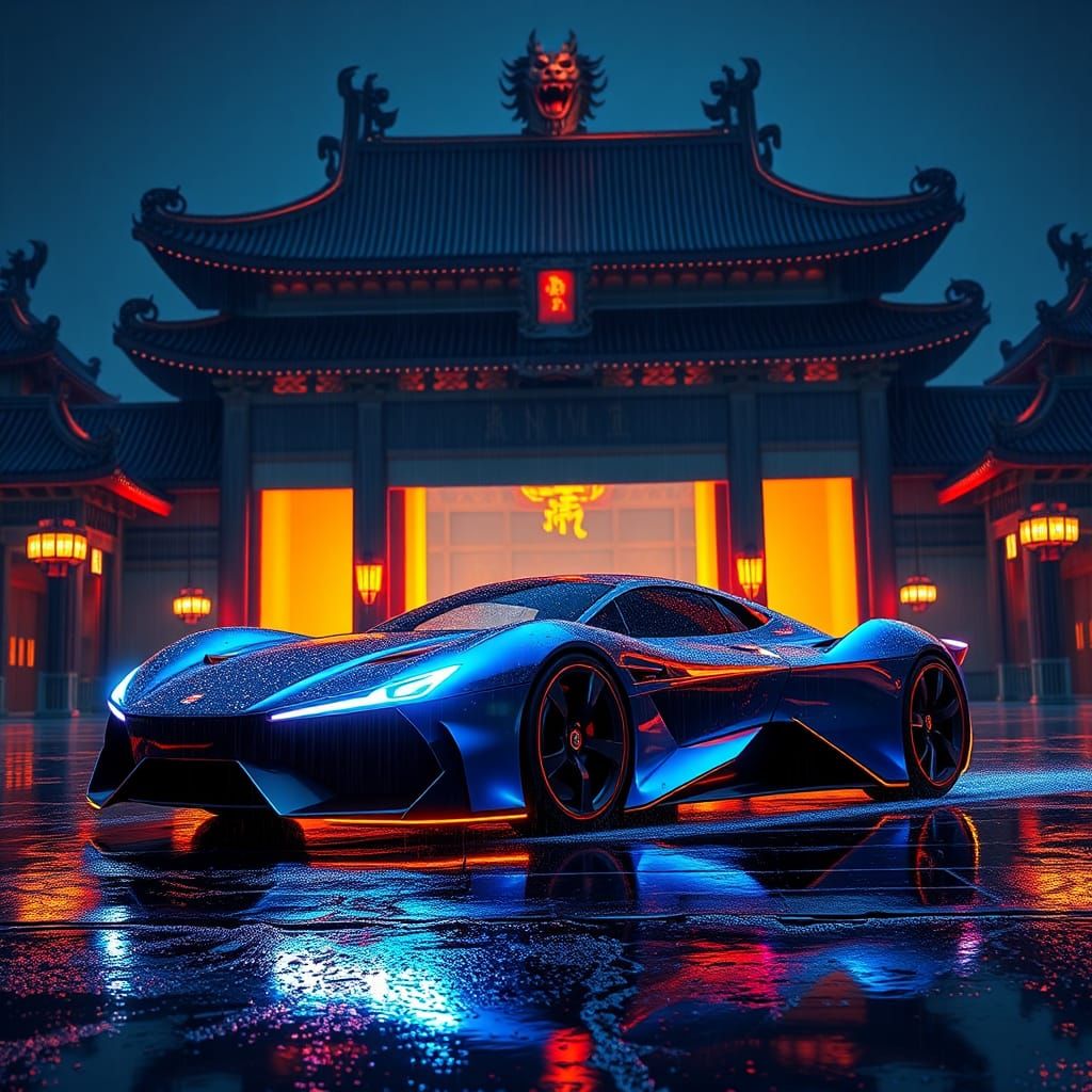 High-Tech Car Meets Ancient Temple, Neon-Lit