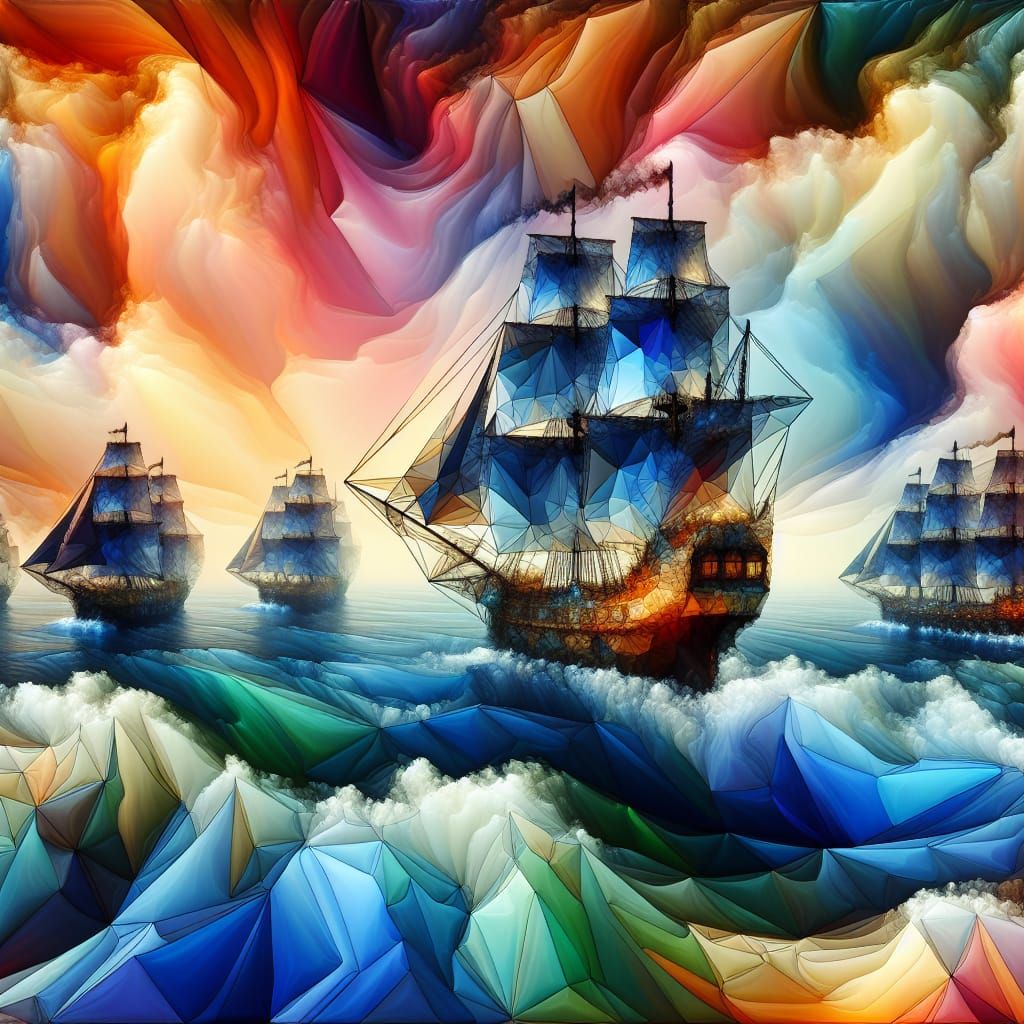 Fantastical Low Poly Ships at Sea: Geometric Abstraction