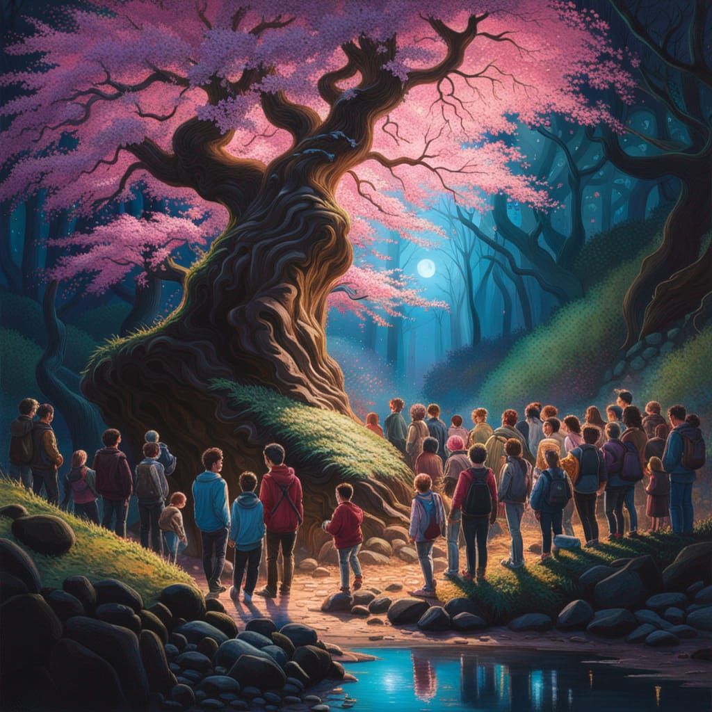 Bioluminescent Crowd Under Rock near Cherry Tree