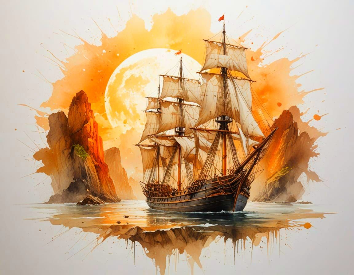 Majestic Tall Ship on Serene Waterway, Painterly Realism