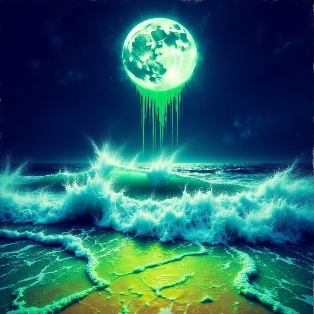 Emerald Ocean Waves Under Green Moonlight