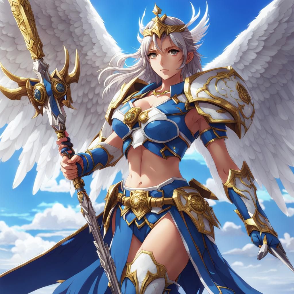 a large chested female anime angel with multiple wings in bikini style blue and white armor holding a halberd ready for ...