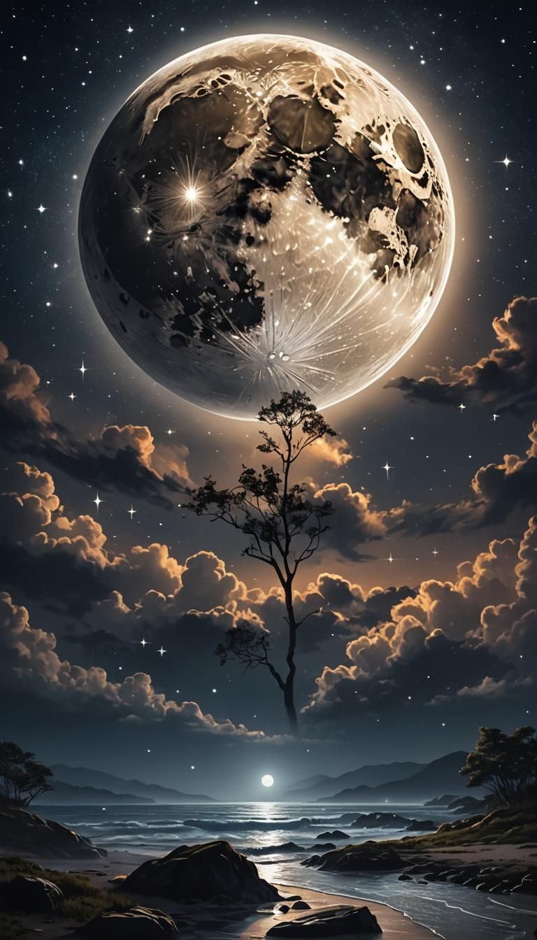 Peaceful Moon Surrounded by Twinkling Stars