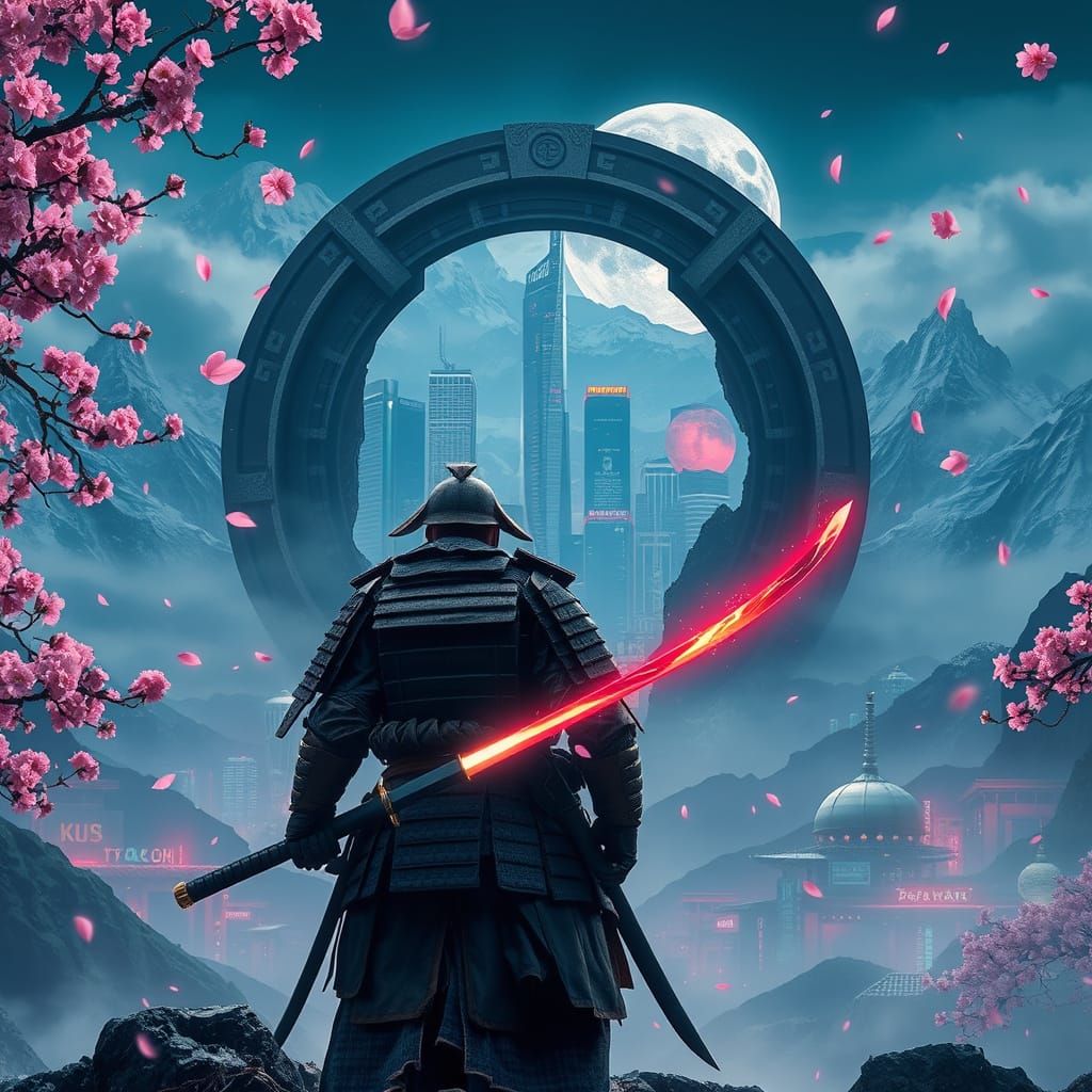 Samurai Guarding Cyberpunk Portal with Neon Katana