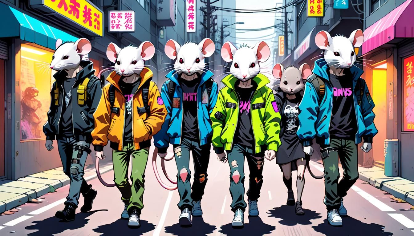 Cyberpunk Rats Walking Street in Anime Style