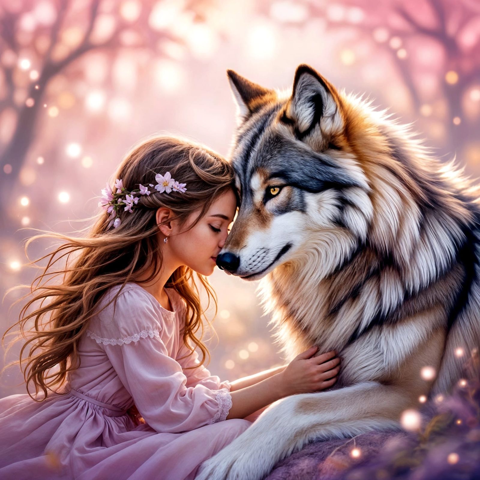 Girl and Wolf in Enchanted Forest Fairy Tale