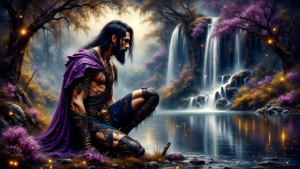 Battle-Worn Warrior at Moonlit Lake, Fantasy Art