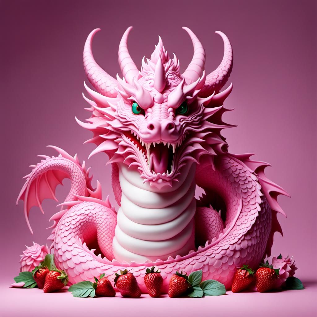 Strawberry Cake Sculpture of a Pink Dragon