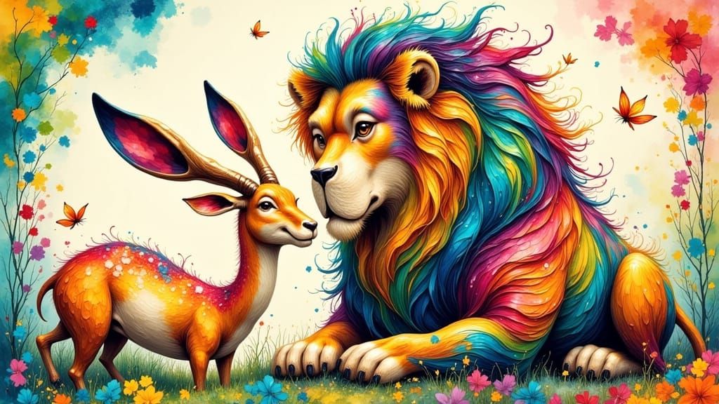Lion and Gazelle Friends in Vibrant Alcohol Ink Style