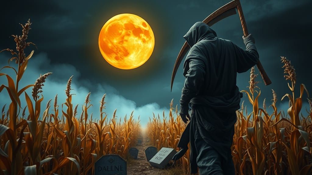 Grim Reaper in Cornfield Under Harvest Moon