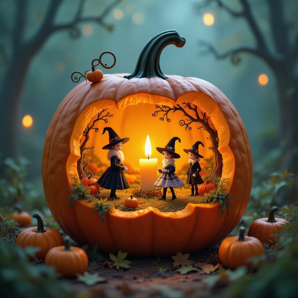 Harmonious Miniature World Inside Halloween Pumpkin