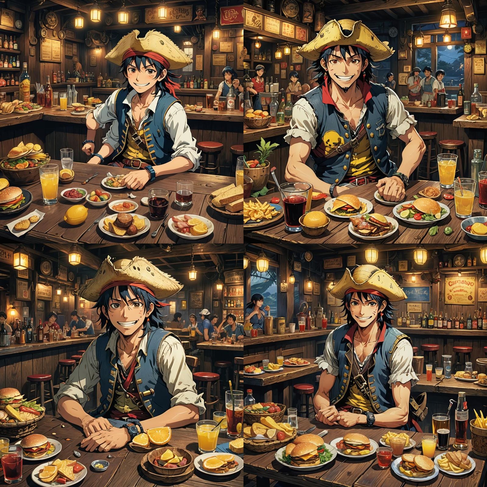 In a dimly lit bar sits a anime pirate with a sticking scar ...