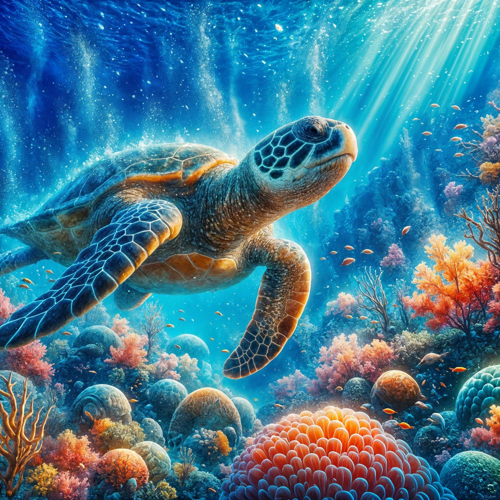 Sea Turtle Above a Colorful Reef