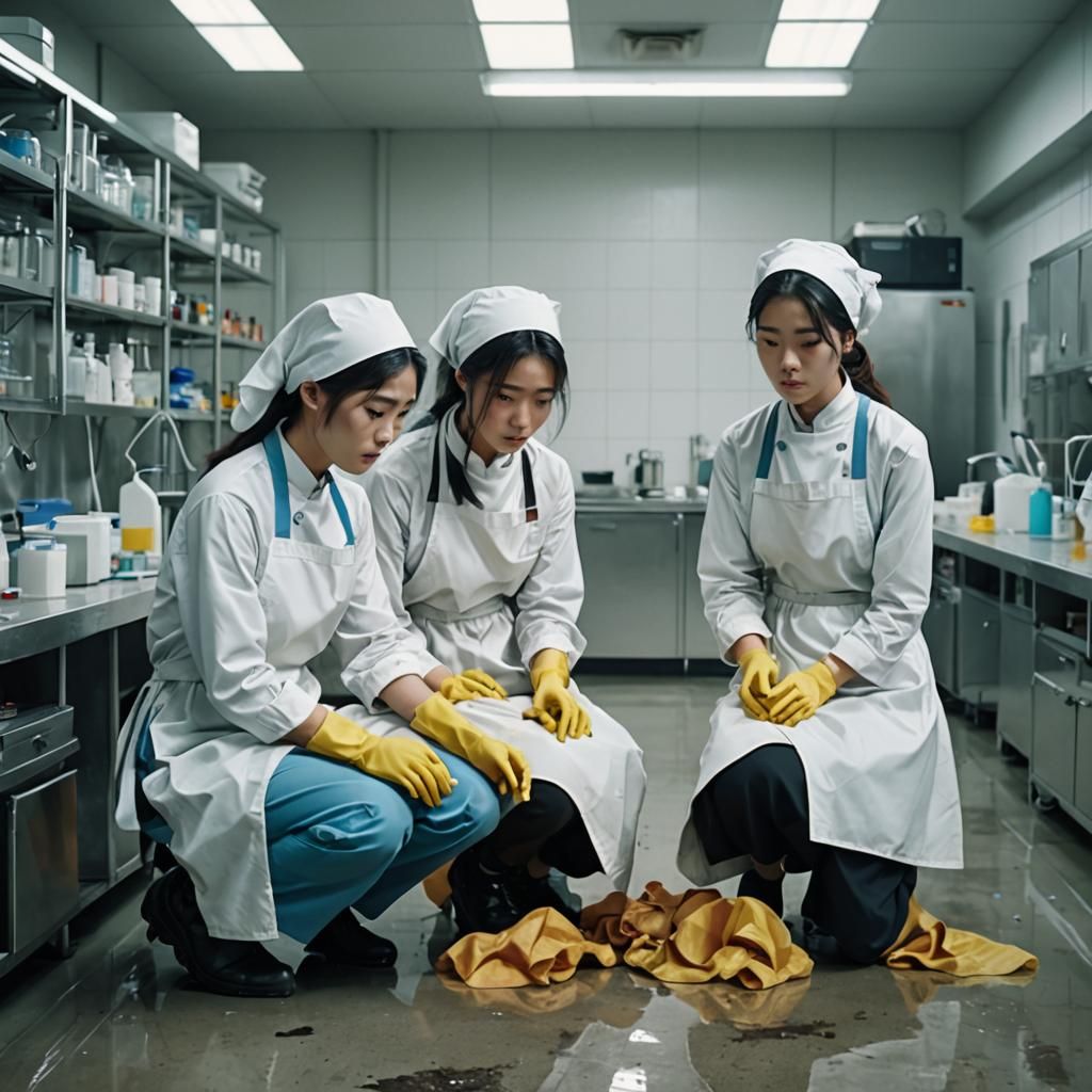Hyperrealistic Charwomen Cleaning a Modern Laboratory