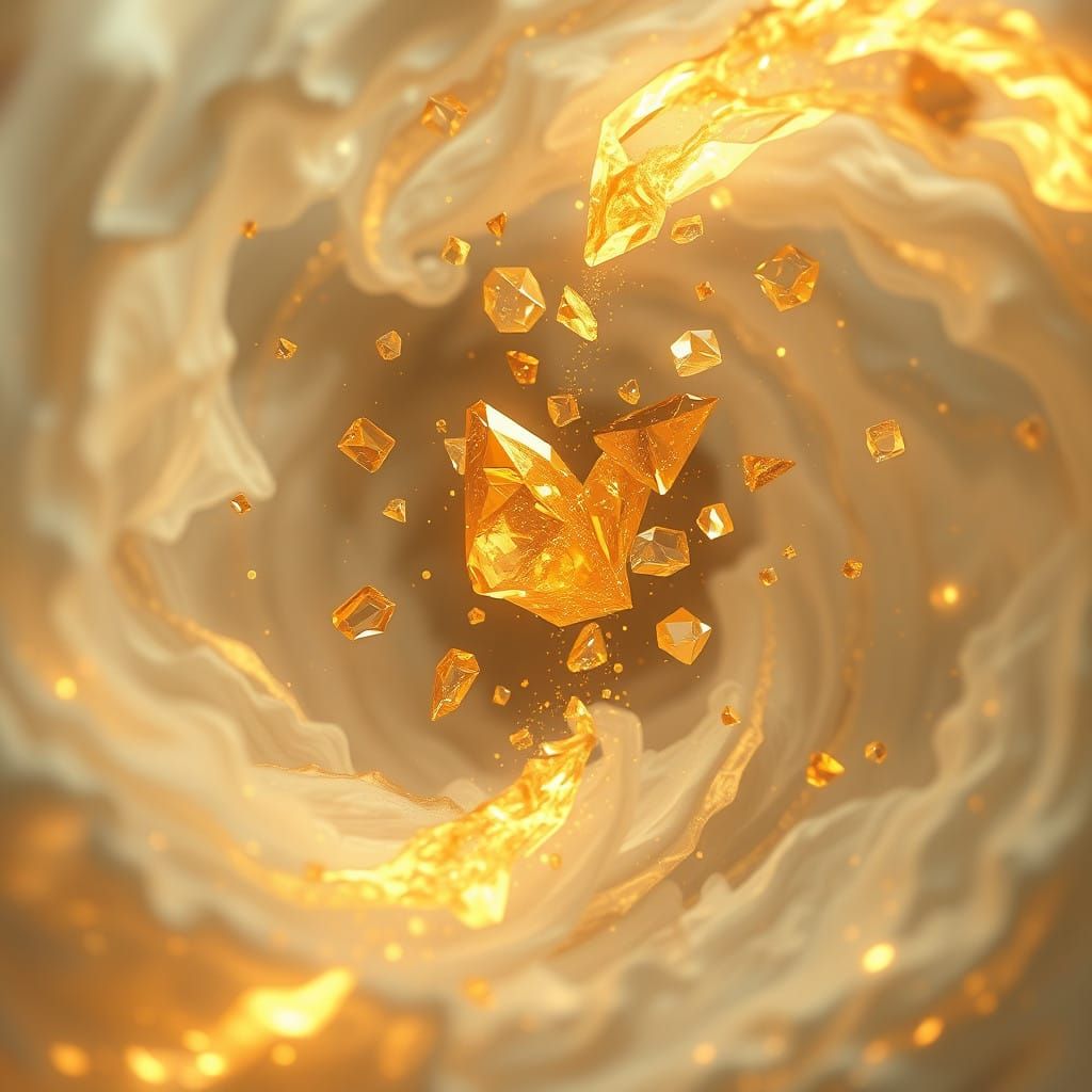 Ethereal Gold Flames Surround Delicate Crystal Shards in Fan...