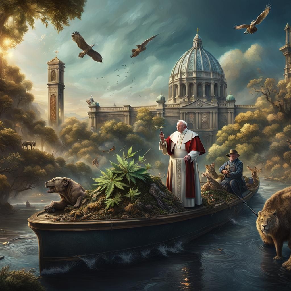 Surreal Pope with Gun and Animals, Detailed Matte Painting