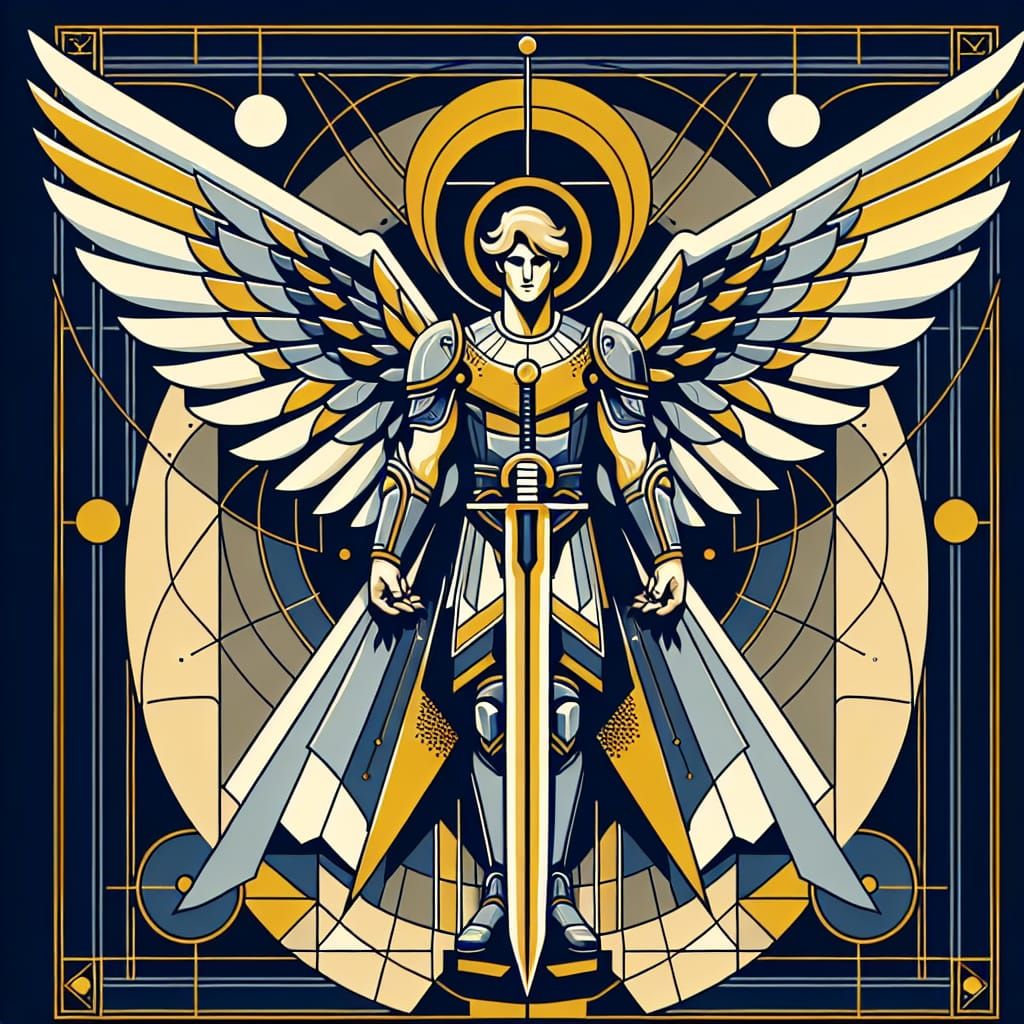Middle Eastern Angel with Sword in Bauhaus Style