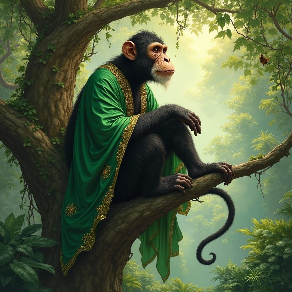 Monkey King on Banyan Tree in Fairytale Style