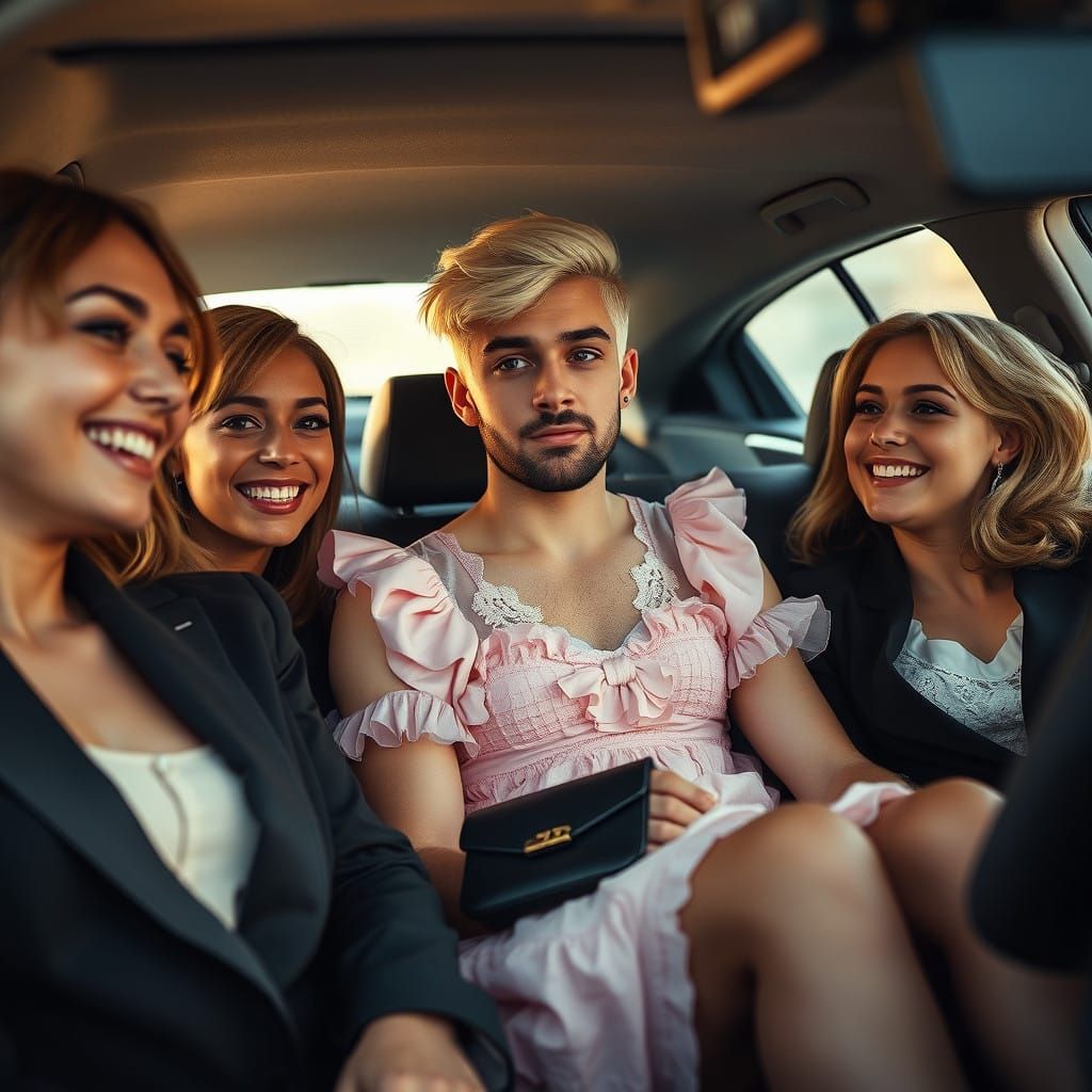 Androgynous Youth in Pastel Pink Dress, Surrounded by Friend...
