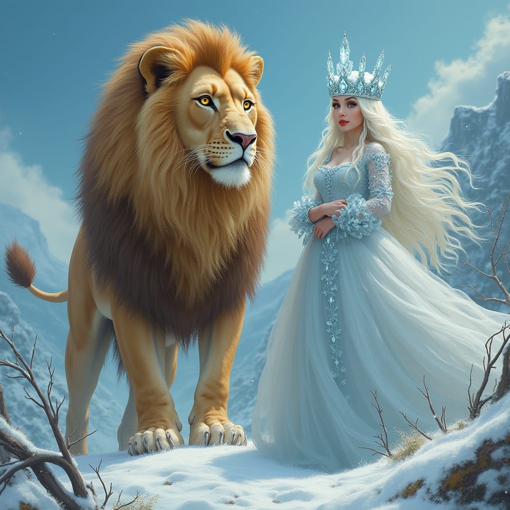 Regal Lion and Witch in Icy Narnian Landscape