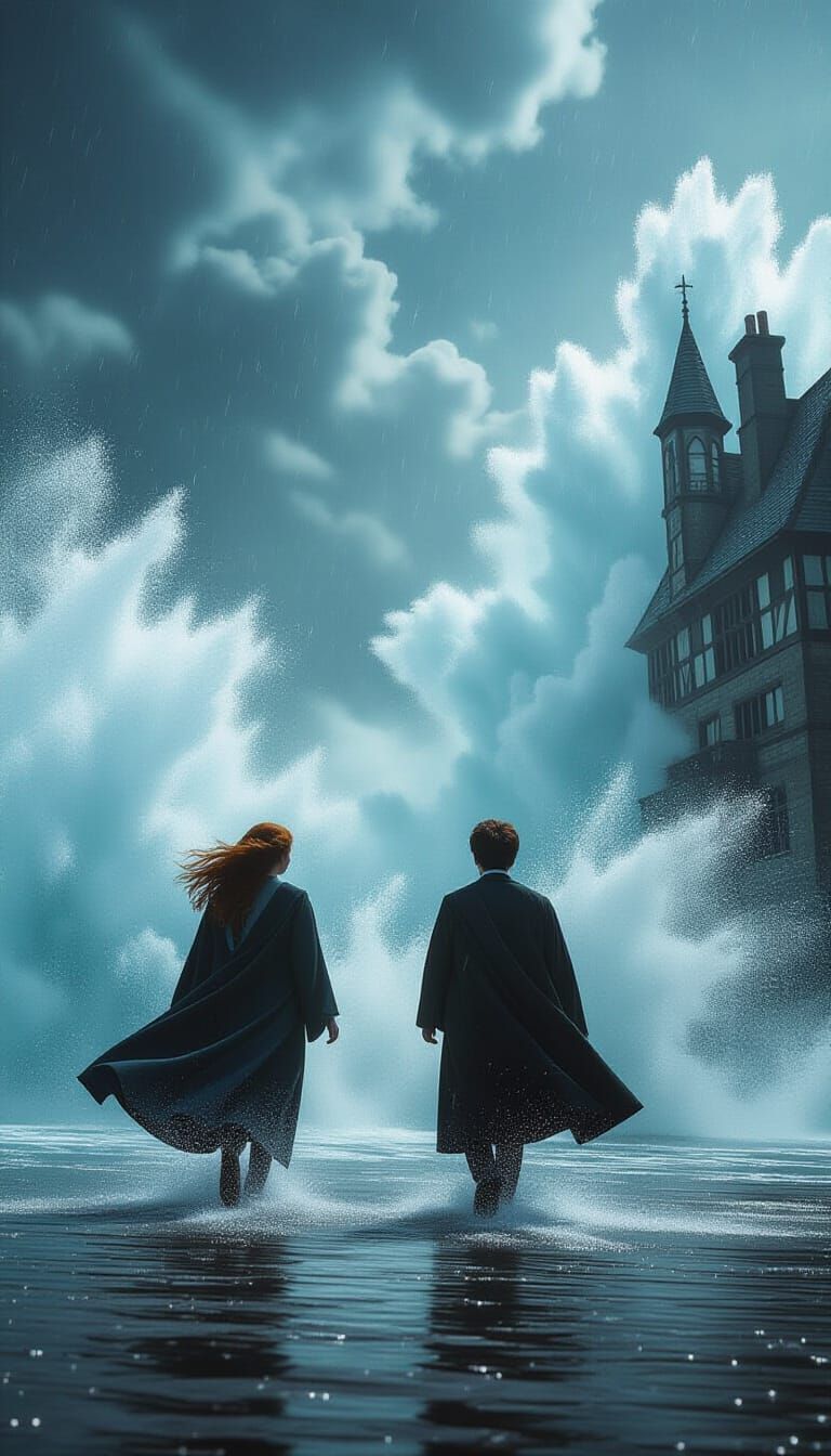 Ginny and Harry in Water Explosion, Fantasy Art